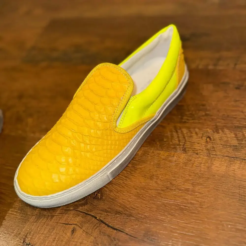 GIENCHI Made in Italy Yellow Embossed Crocodile Print Slip On Sneakers Shoes